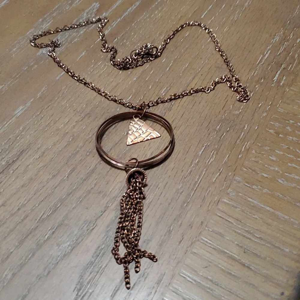 Pewter color large circle, drop chain long statement necklace